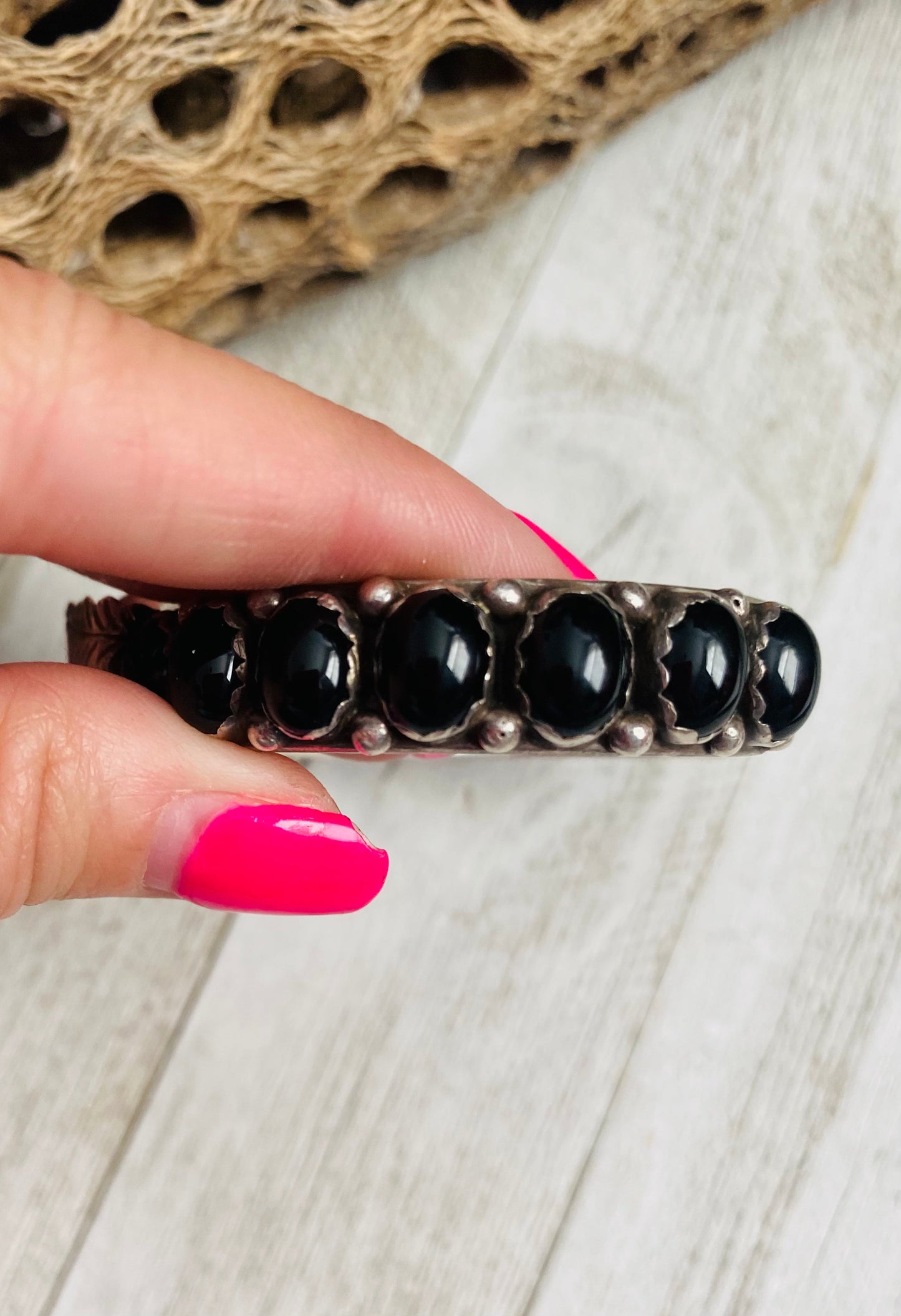 Old Pawn Vintage Handcrafted Onyx & Sterling Silver Watch Cuff