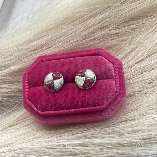 Handcrafted Pink & White Opal Inlay & Sterling Silver Stud Earrings