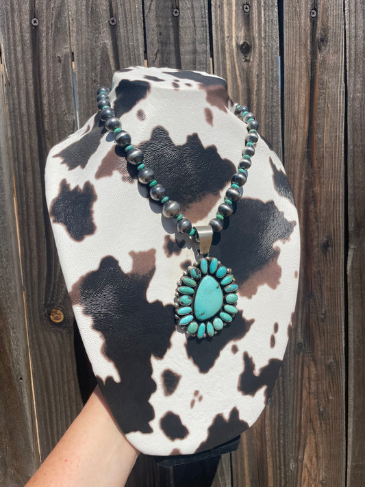 Beautiful Handcrafted Sterling Silver Beaded Turquoise Necklace With Pendant Signed Ella Peter