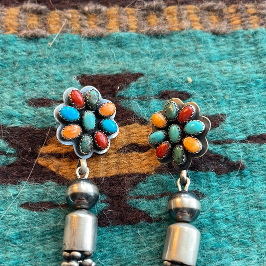 Handcrafted Sterling Silver Tassel Multi Stone Flower Dangle Earrings Signed
