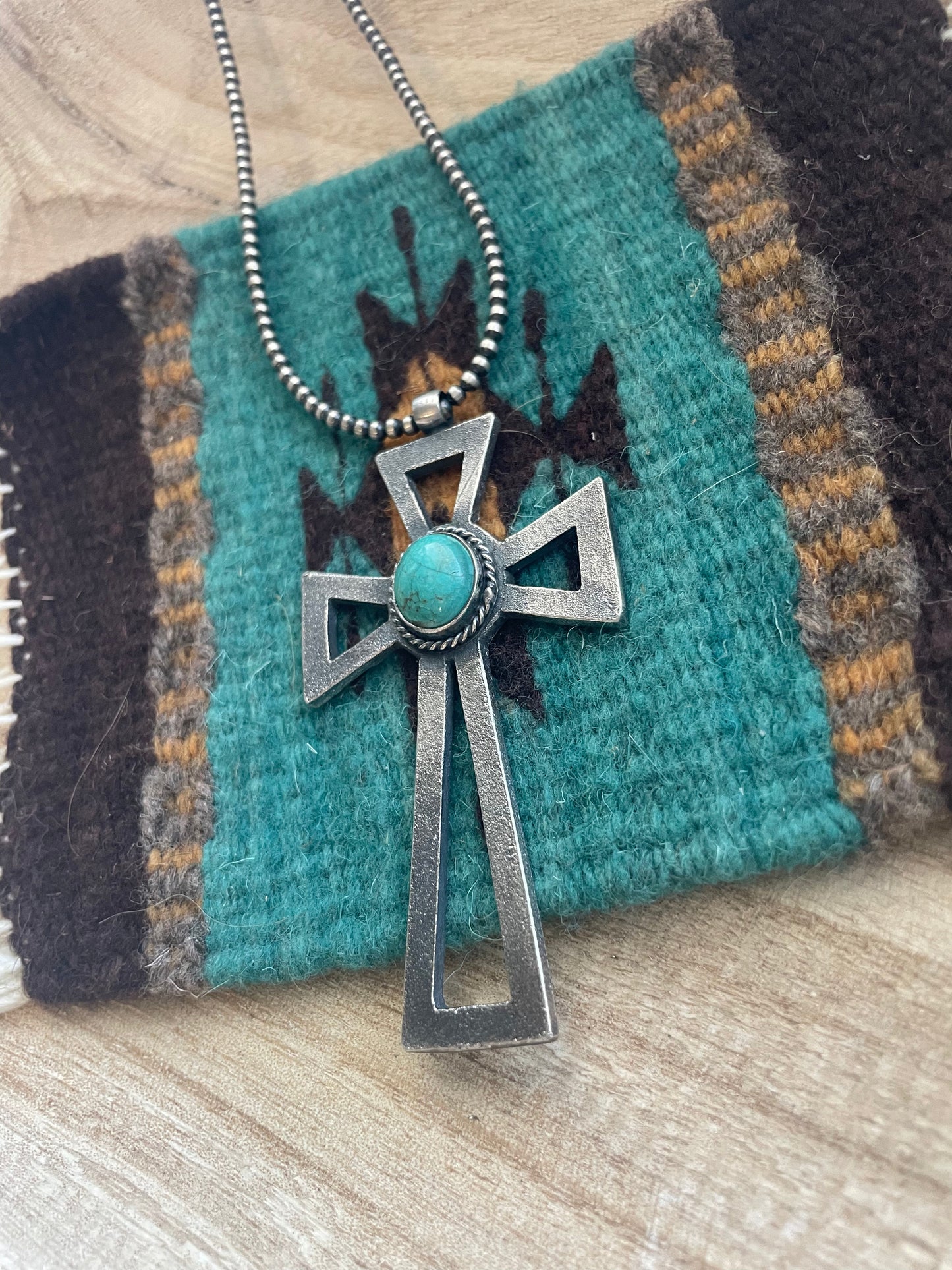 Handcrafted Sterling Silver & Turquoise Cross Pendant Signed Eugene Mitchell