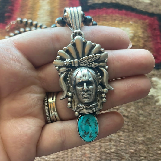 Beautiful Handcrafted Sterling Silver & Turquoise Chief Pendant Signed Russell Sam