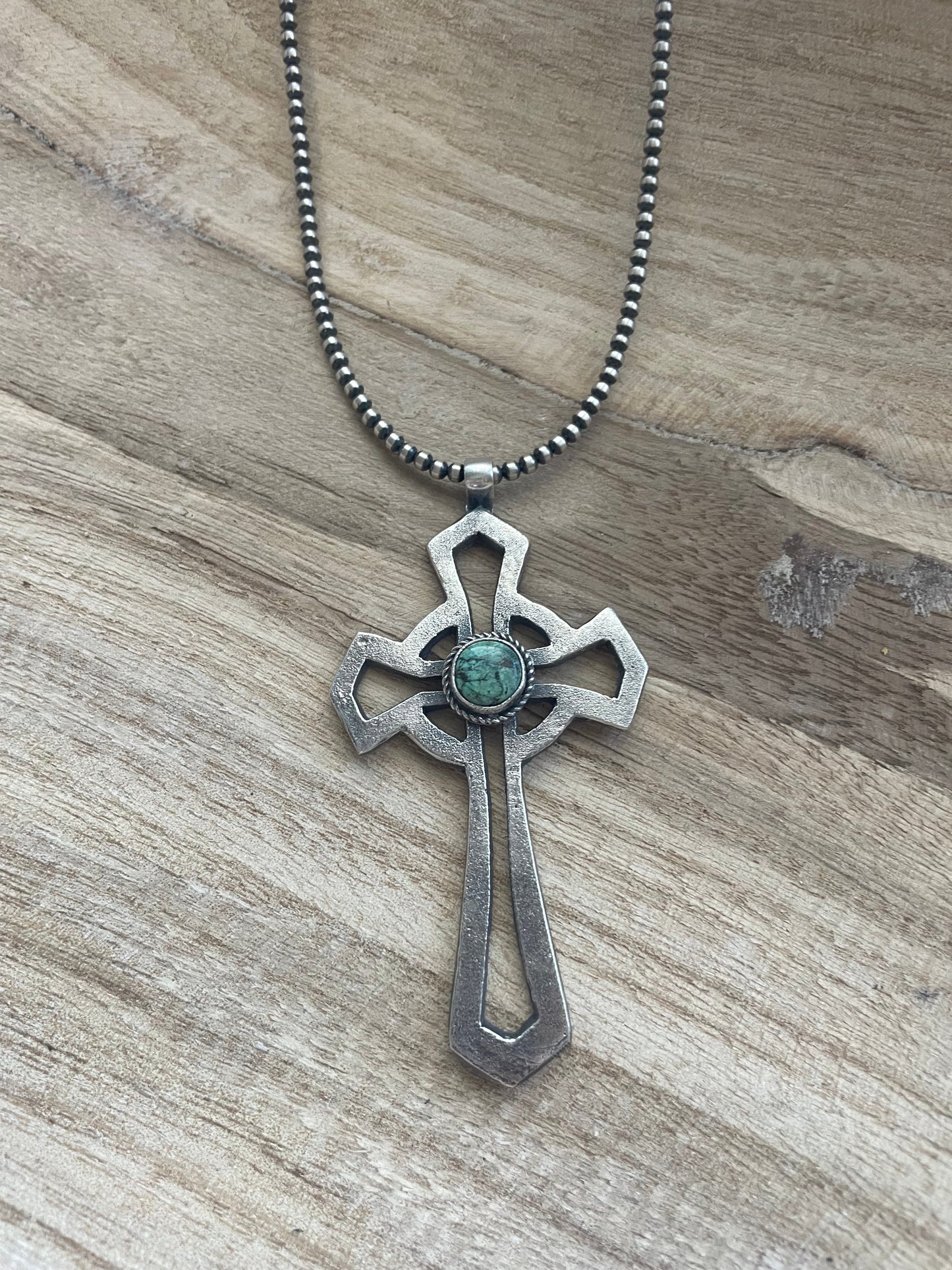 Handcrafted Sterling Silver & Turquoise Cross Pendant Signed Eugene Mitchell
