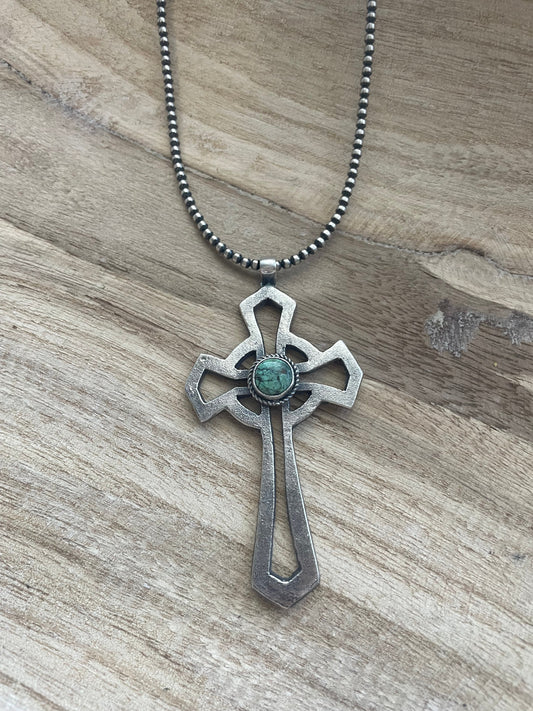 Handcrafted Sterling Silver & Turquoise Cross Pendant Signed Eugene Mitchell