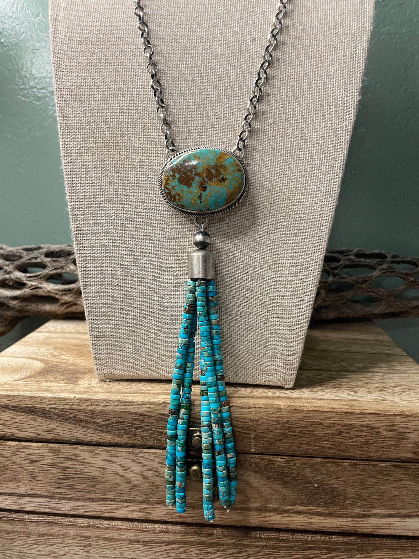 Handcrafted Turquoise & Sterling Silver Drop Necklace Signed Emer Thompson