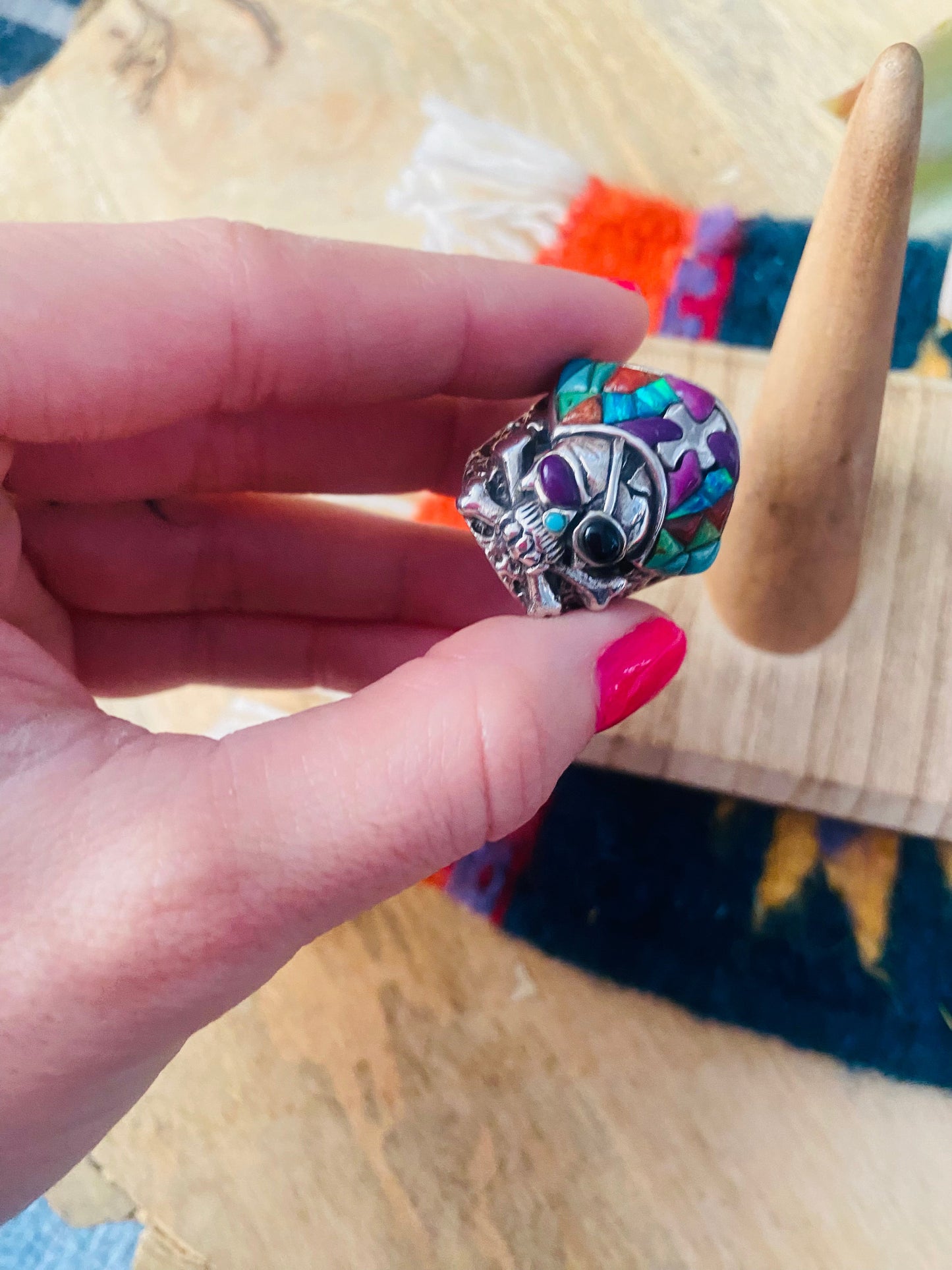 Handmade Sterling Silver & Multi Stone Inlay Skull Ring Size 7.5