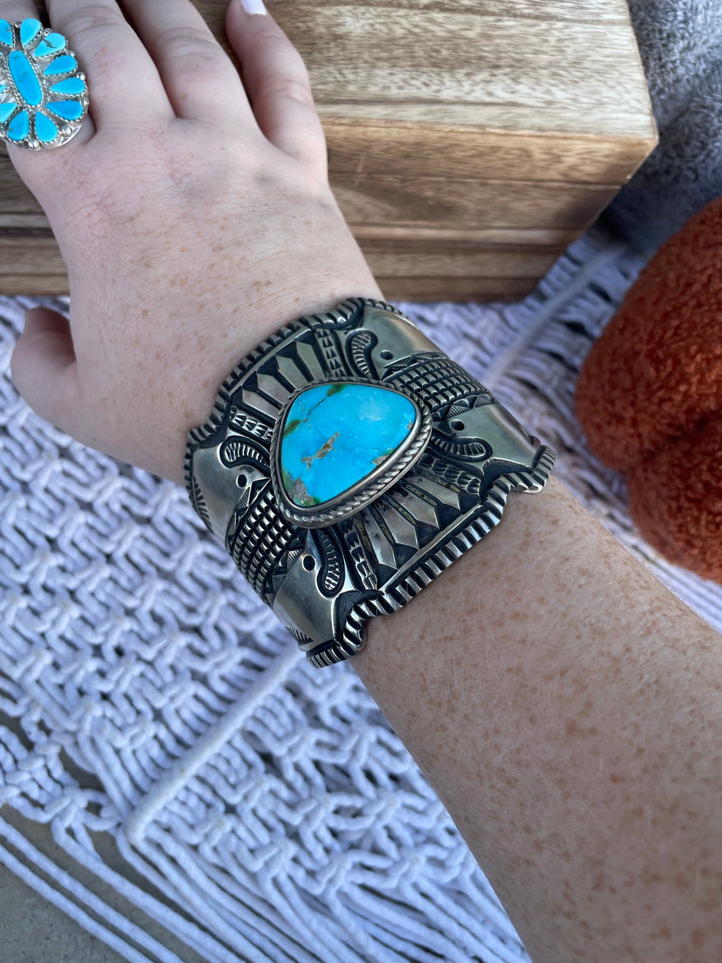 Navajo Hand Stamped Turquoise And Sterling Silver Cuff Bracelet By Elvira Bill