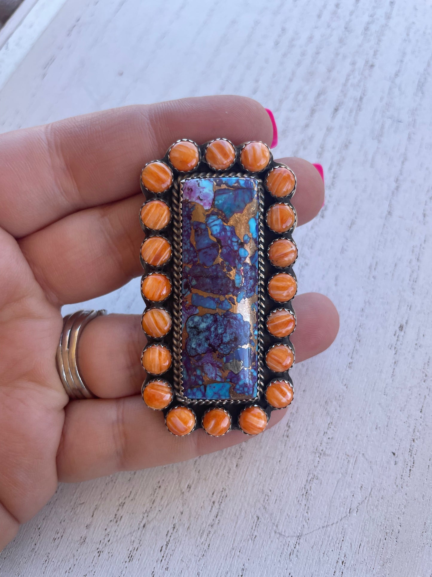 Handcrafted Orange Spiny, Purple Dream & Sterling Silver Adjustable Ring Signed P Yazzie