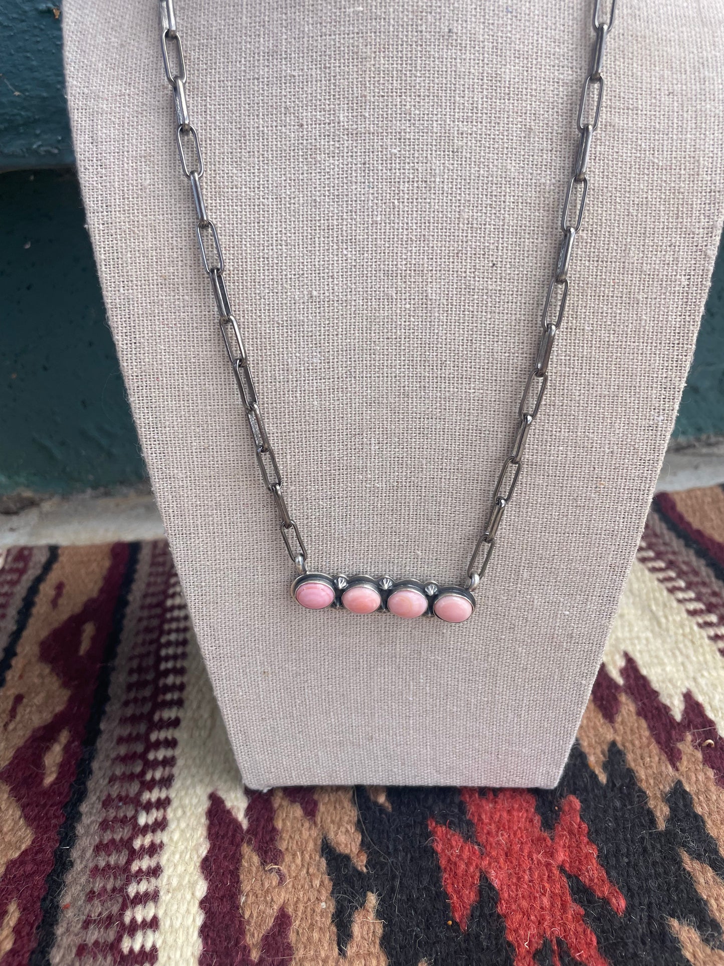 Handcrafted Queen Pink Conch Shell And Sterling Silver 4 Stone Bar Necklace Signed