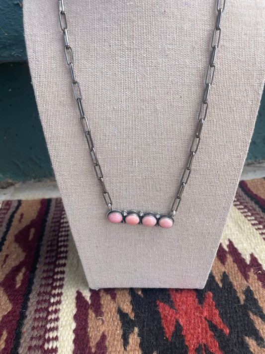 Handcrafted Queen Pink Conch Shell And Sterling Silver 4 Stone Bar Necklace Signed