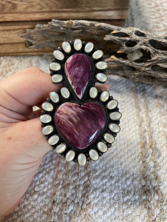 Handcrafted Mother Of Pearl And Purple Spiny Sterling Silver Adjustable Ring