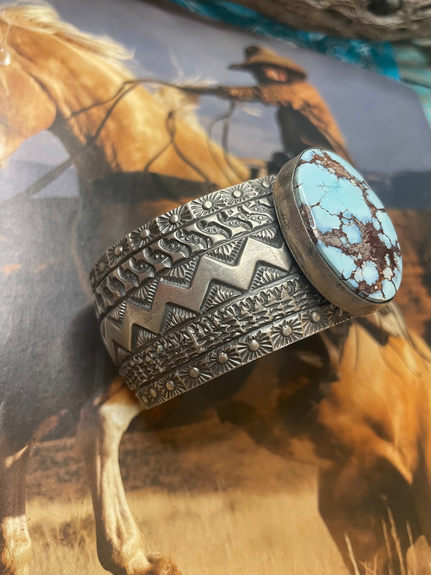 Handcrafted Golden Hills Turquoise Sterling Silver Cuff Bracelet Signed