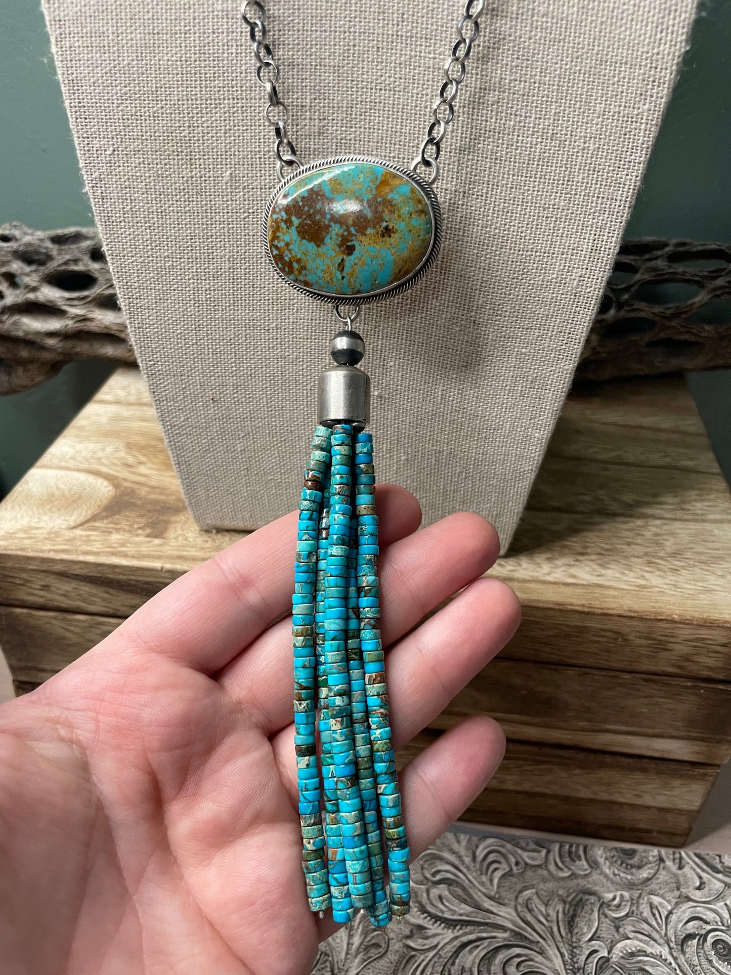 Handcrafted Turquoise & Sterling Silver Drop Necklace Signed Emer Thompson