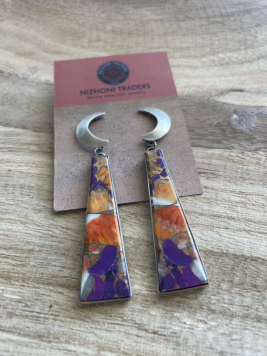 Handcrafted Sterling Silver & Purple Dream Slab Moon Dangle Earrings Signed
