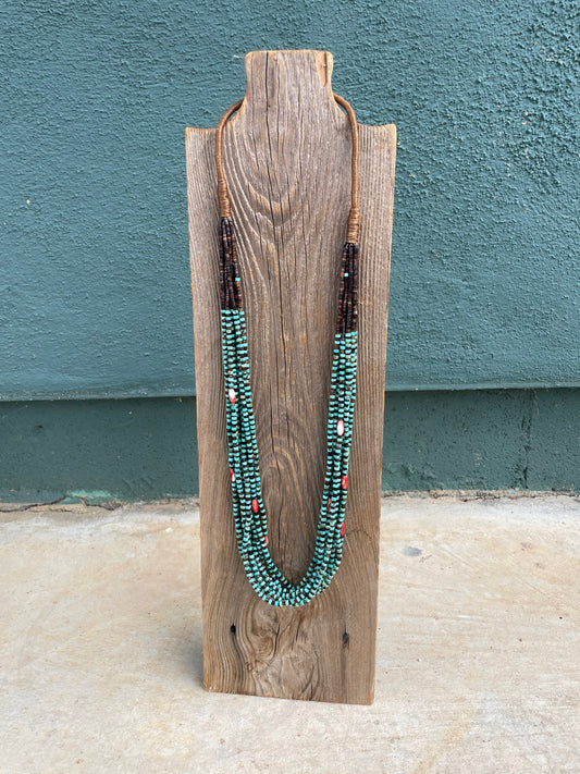 Handcrafted Turquoise, Spiny And Heishi Ten Strand Beaded Necklace