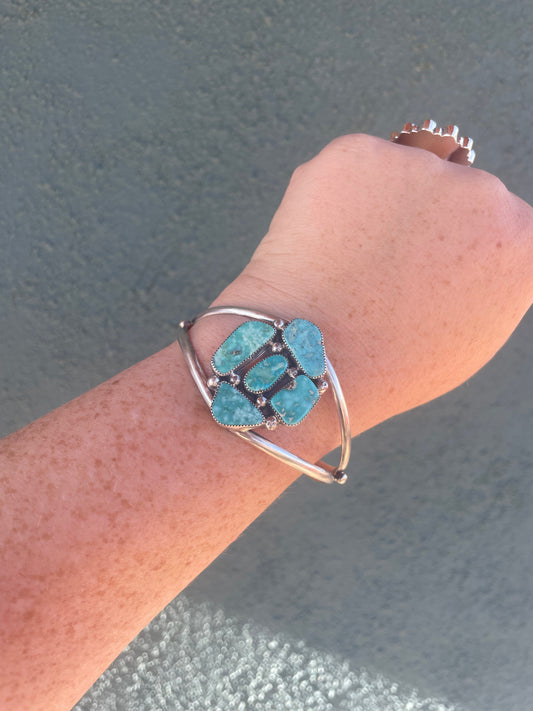 “The Jessi” Handcrafted Turquoise & Sterling Cluster Adjustable Cuff By J Begay