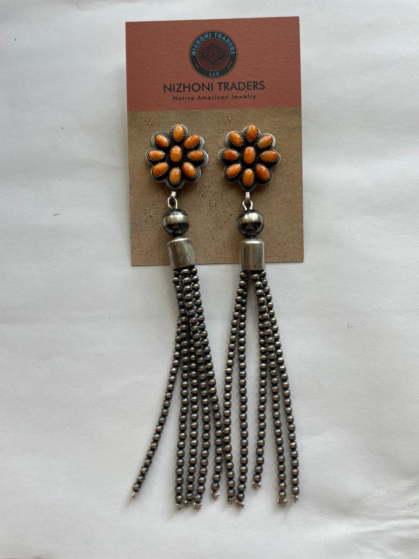 Handcrafted Sterling Silver Tassel Orange Spiny Flower Dangle Earrings Signed