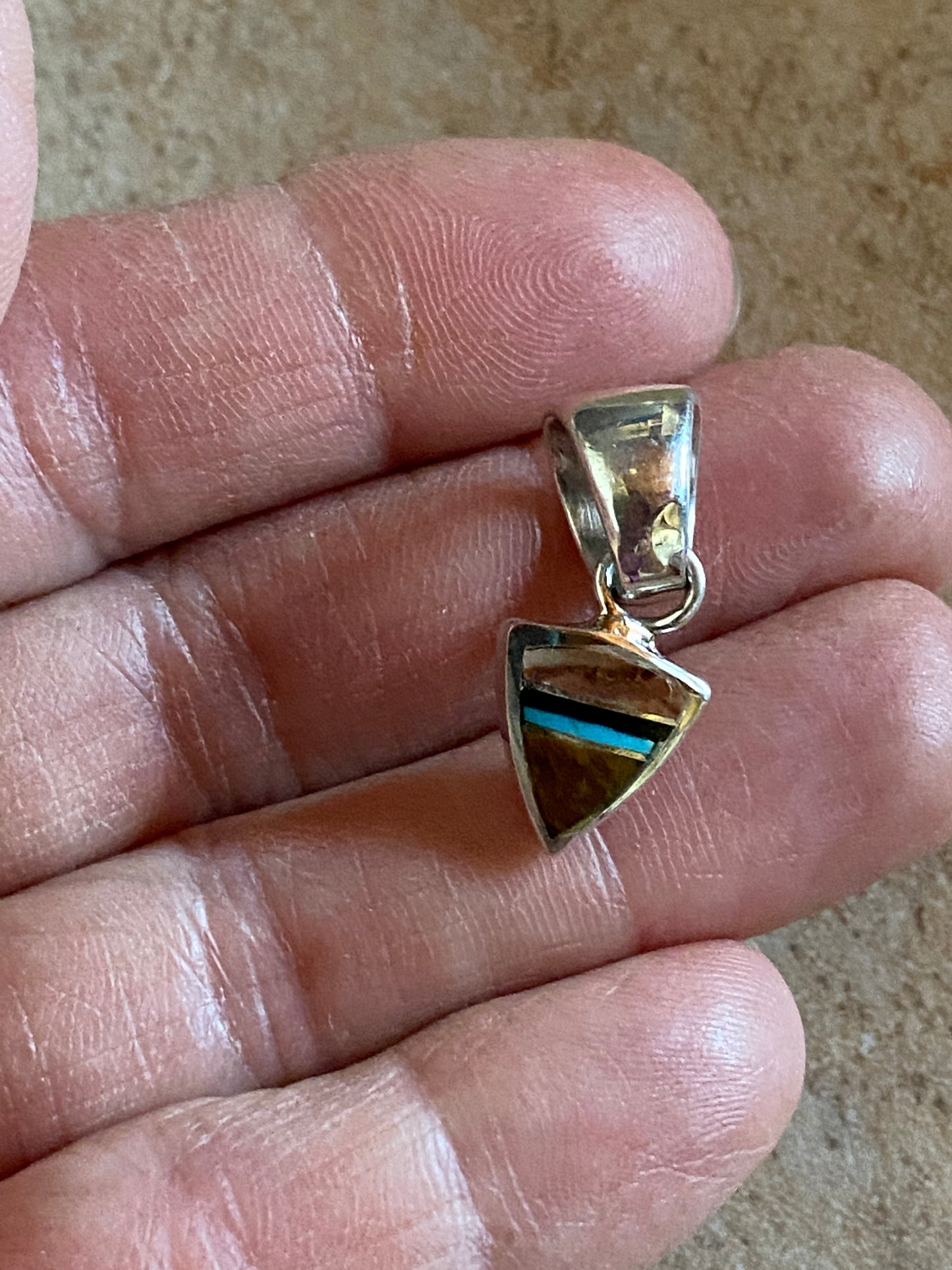Handcrafted Turquoise, Onyx, Petrified Wood Triangle Pendant