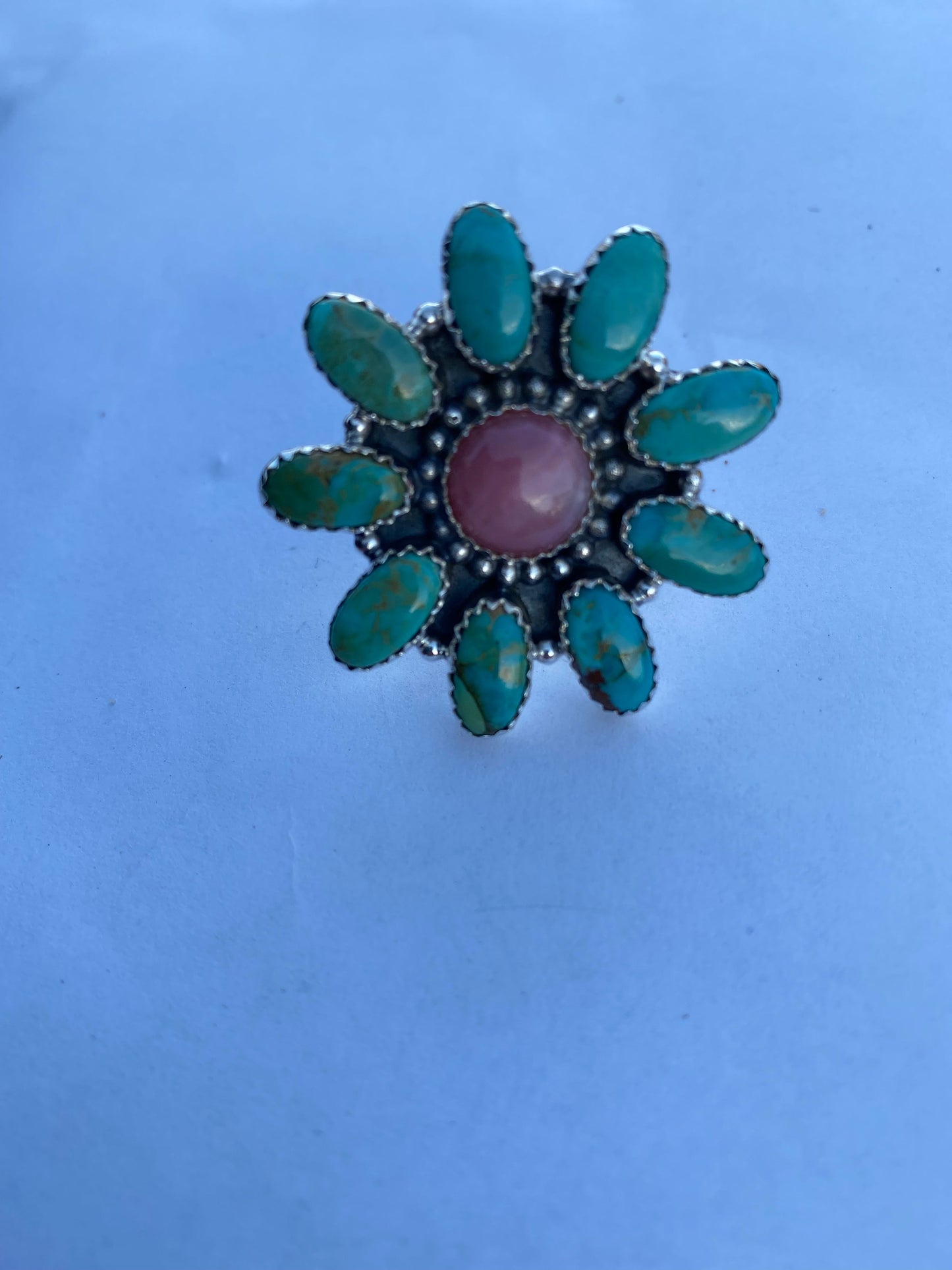 Adjustable Pink Opal & Royston Turquoise Sterling Silver Flower Ring