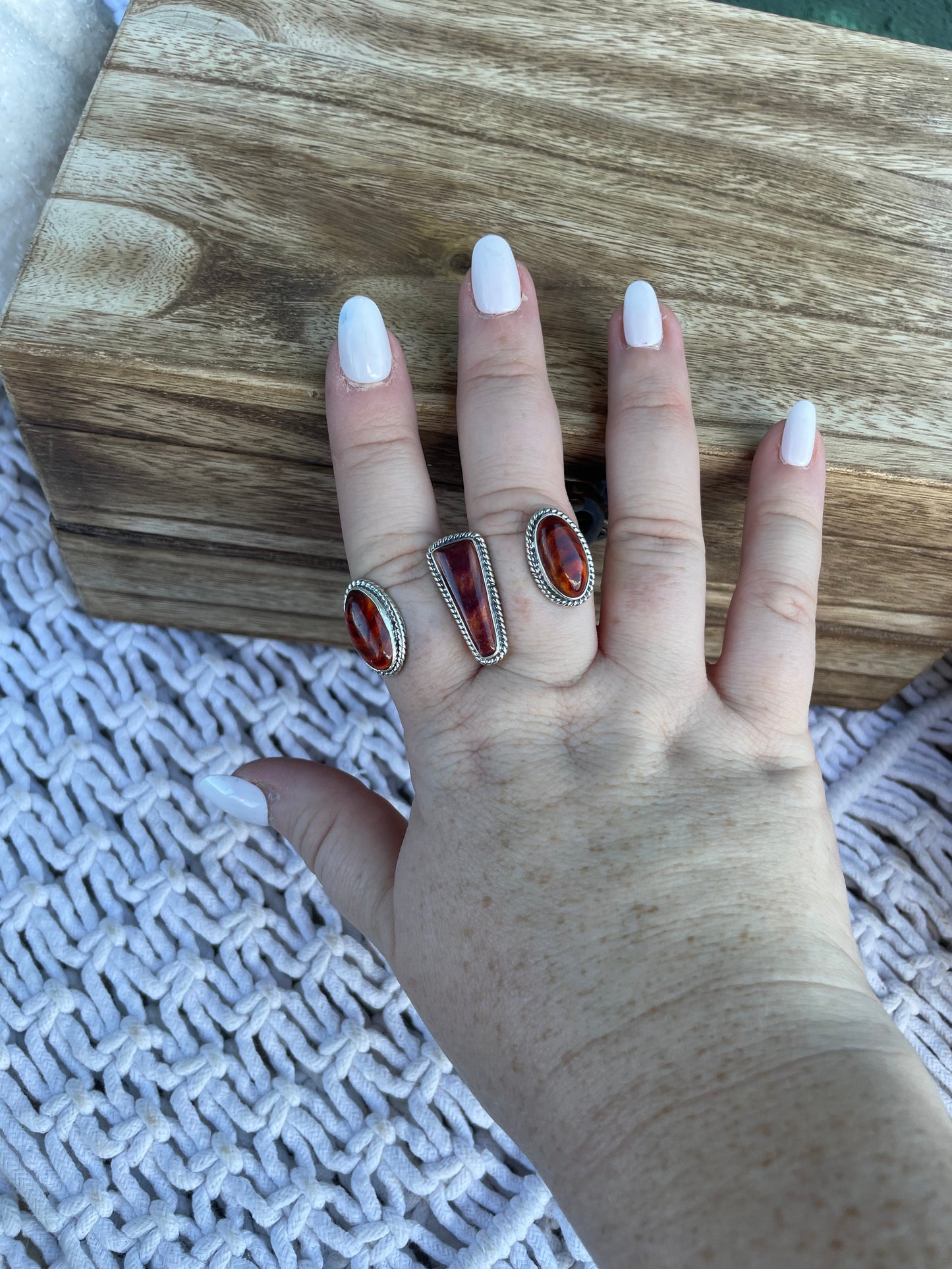 Handcrafted Sterling Silver And Dark Orange Spiny Adjustable Triple Threat Knuckler Ring