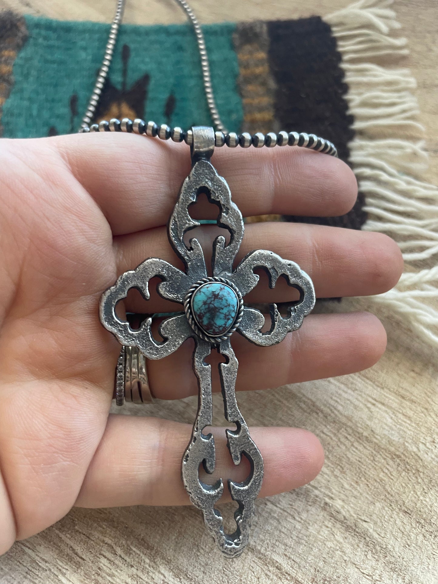 Handcrafted Sterling Silver & Turquoise Cross Pendant Signed Eugene Mitchell