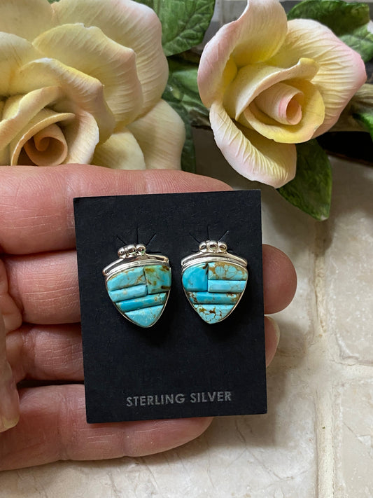 Handcrafted Turquoise # 8 Sterling Silver Stud Earrings