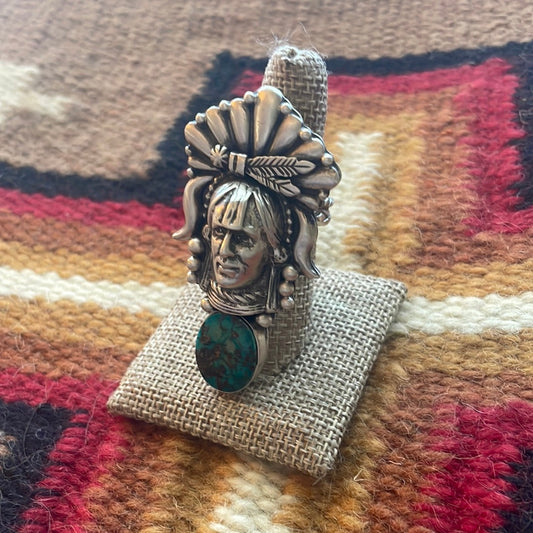 Beautiful Handcrafted Sterling Silver & Turquoise Chief Adjustable Ring Signed Russell Sam