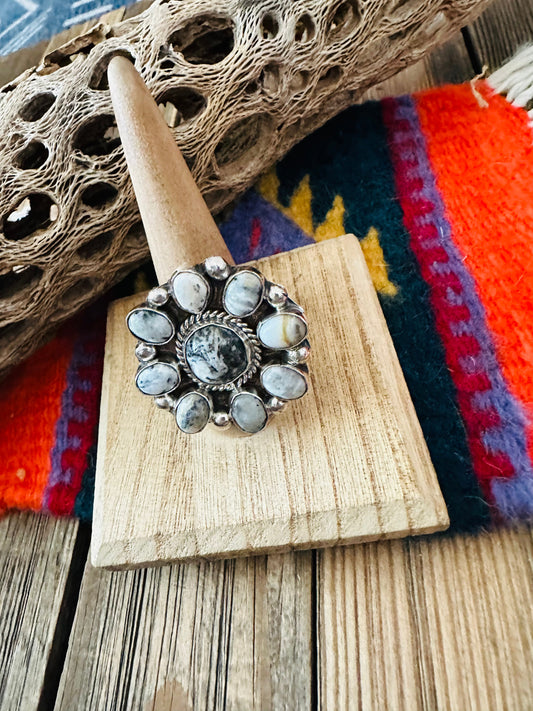 Handcrafted Sterling Silver And White Buffalo Cluster Adjustable Ring