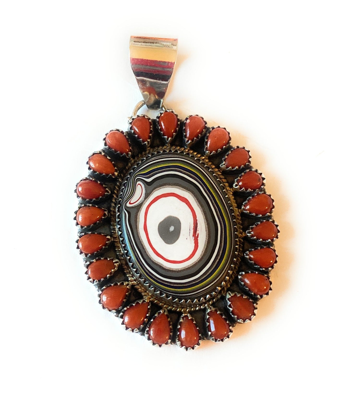 Handmade Sterling Silver, Fordite & Coral Cluster Pendant