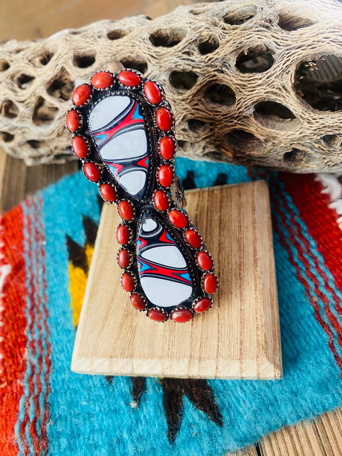 Handmade Sterling Silver, Fordite & Coral Cluster Adjustable Ring