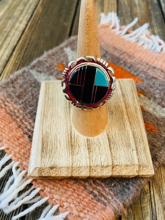 Handcrafted Sterling Silver, Onyx & Turquoise Inlay Ring Size 6.25