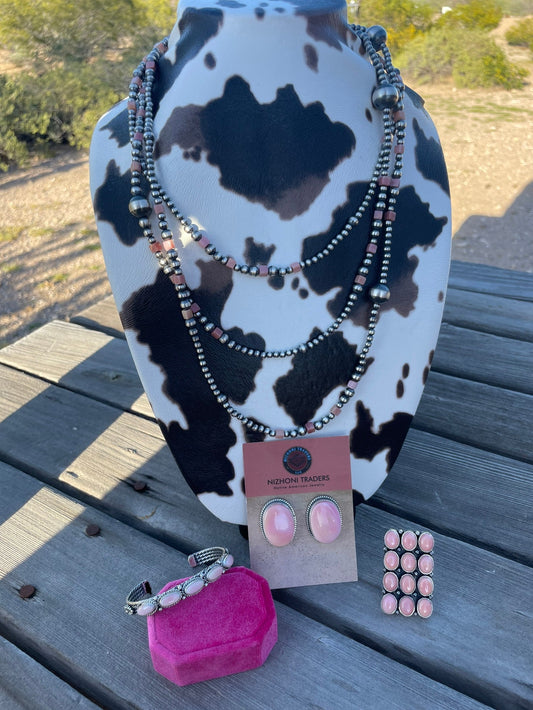 Handcrafted Pink Conch & Sterling Silver Beaded Necklace 72”