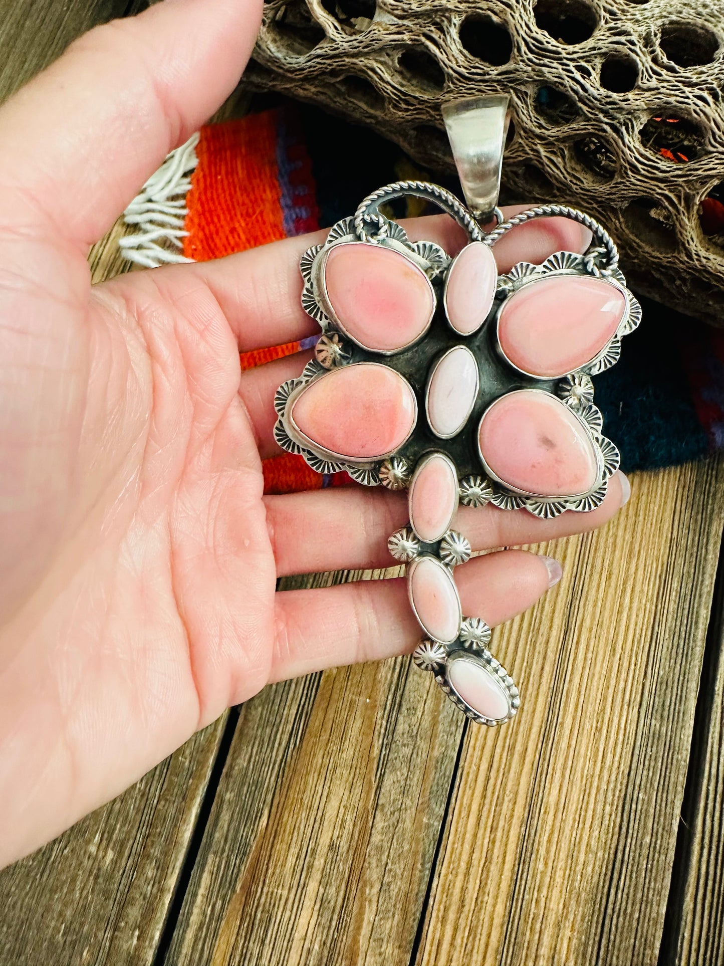 Handcrafted Queen Pink Conch & Sterling Silver Dragonfly Pendant By Tina Benally