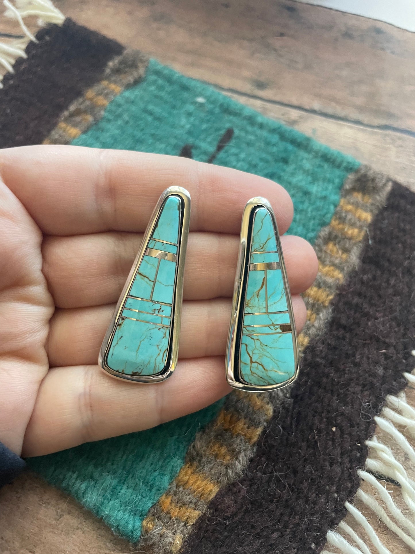 Number 8 Turquoise Inlay & Sterling Silver Triangle Post Earrings