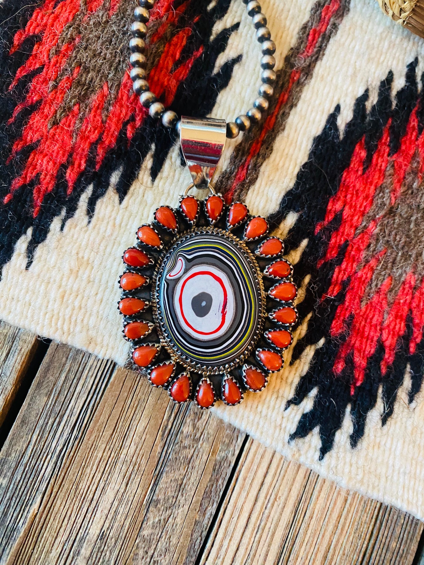 Handmade Sterling Silver, Fordite & Coral Cluster Pendant