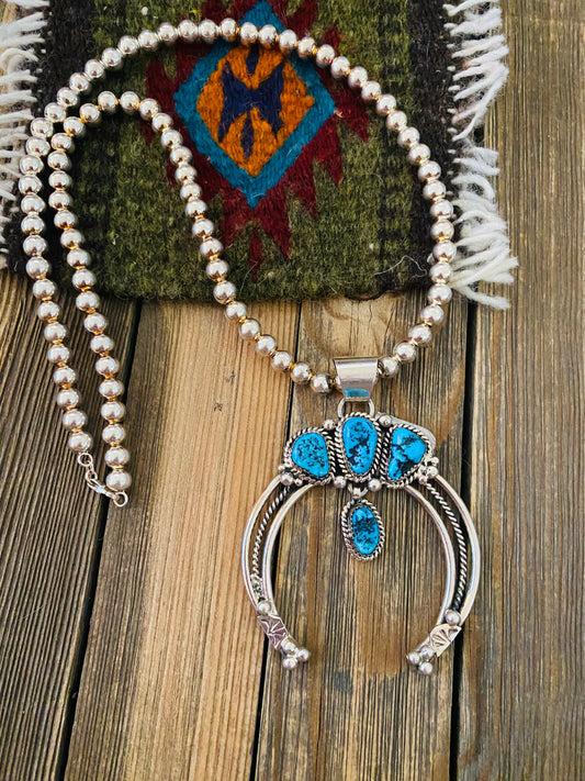 Handcrafted Sterling Silver & Kingman Turquoise Beaded Naja Necklace