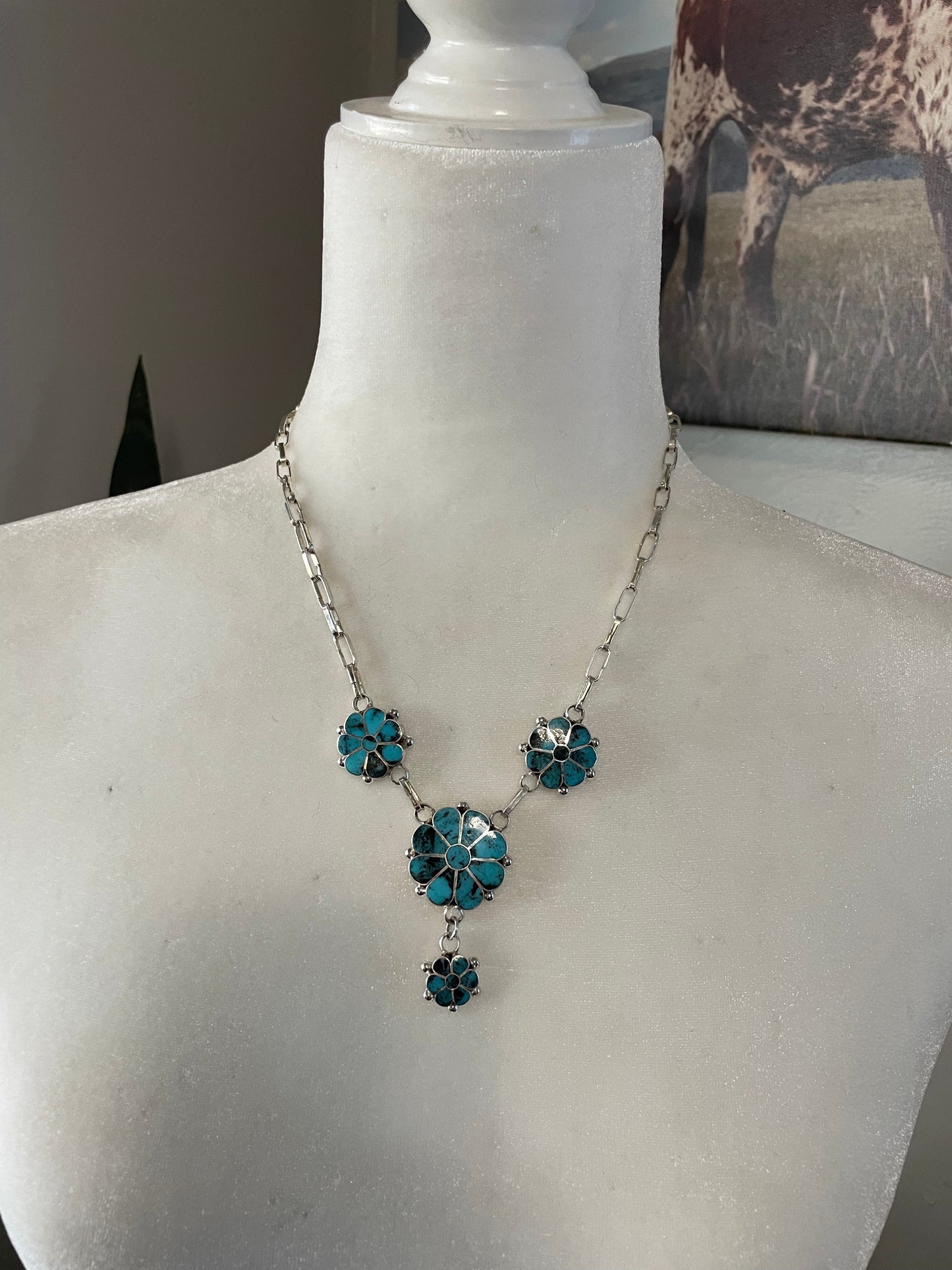 Handcrafted Sterling Silver & Turquoise Flower Necklace Earrings Set Signed