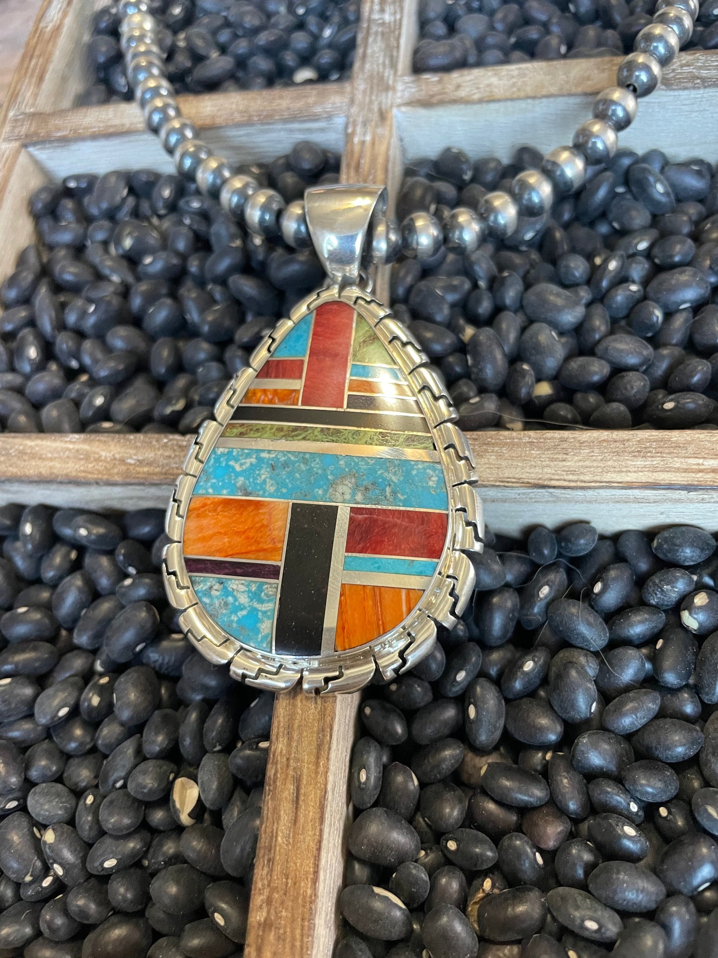 Handcrafted Multi Stone Inlay & Sterling Silver Pendant Signed LK