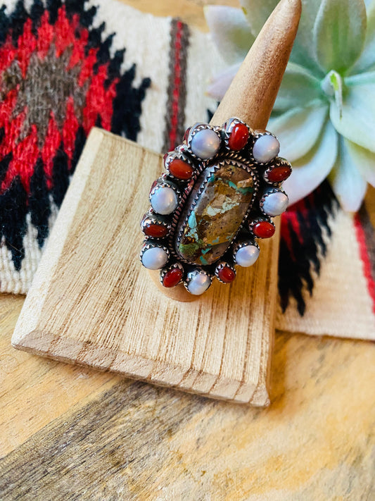 Handmade Sterling Silver, Turquoise, Coral & Pearl Cluster Adjustable Ring
