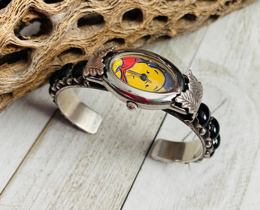 Old Pawn Vintage Handcrafted Onyx & Sterling Silver Watch Cuff