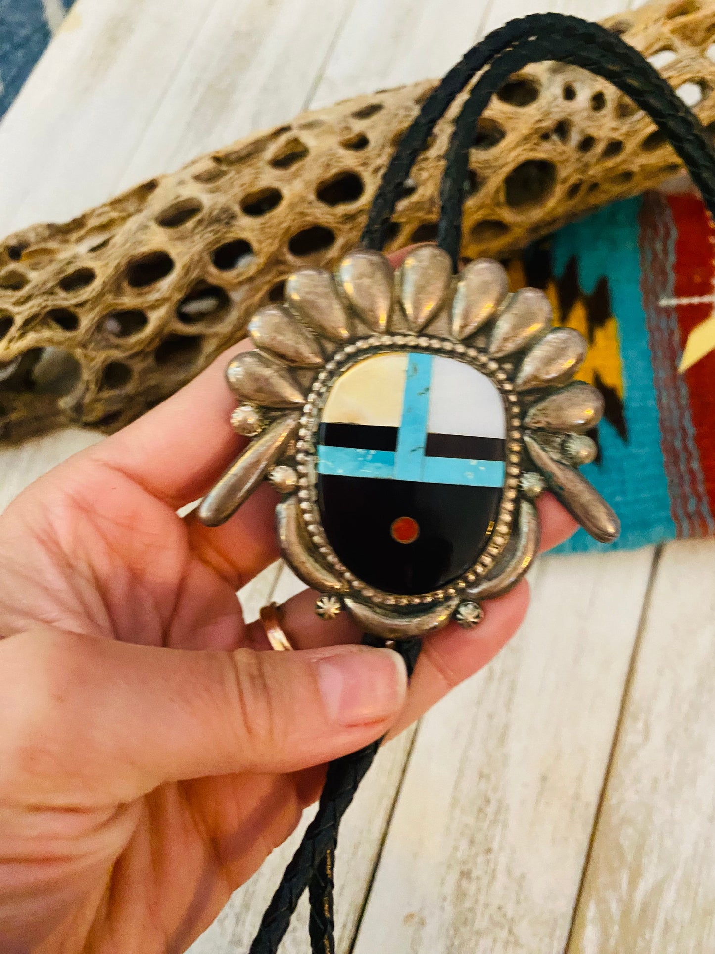 Vintage Handcrafted Sterling Silver & Multi Stone Inlay Bolo Tie