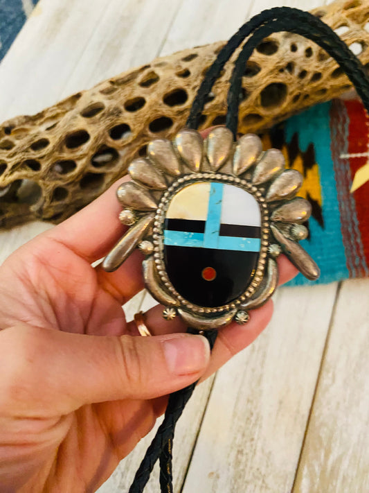 Vintage Handcrafted Sterling Silver & Multi Stone Inlay Bolo Tie