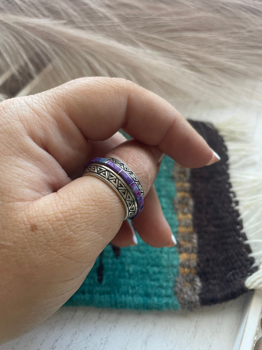 Handcrafted Sterling Silver & Purple Opal Inlay Ring Band Size 9