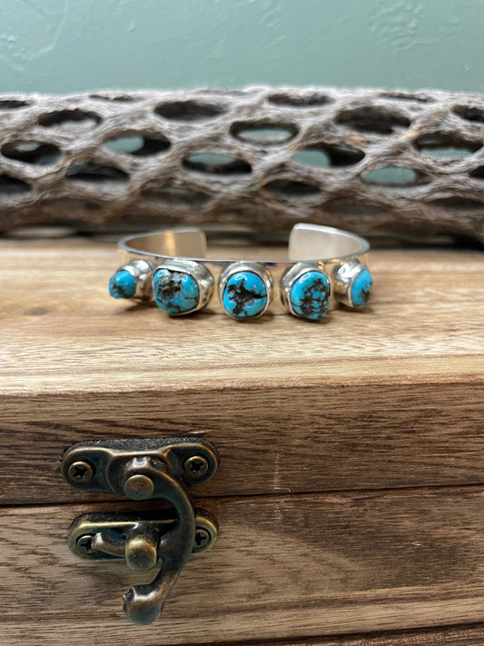 Handcrafted Sterling Silver 5 Stone Turquoise Cuff Chimney Butte Signed /