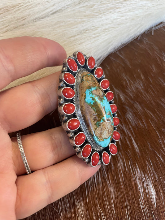 Handcrafted Number 8 Turquoise, Coral & Sterling Silver Ring Size 8 Signed G James