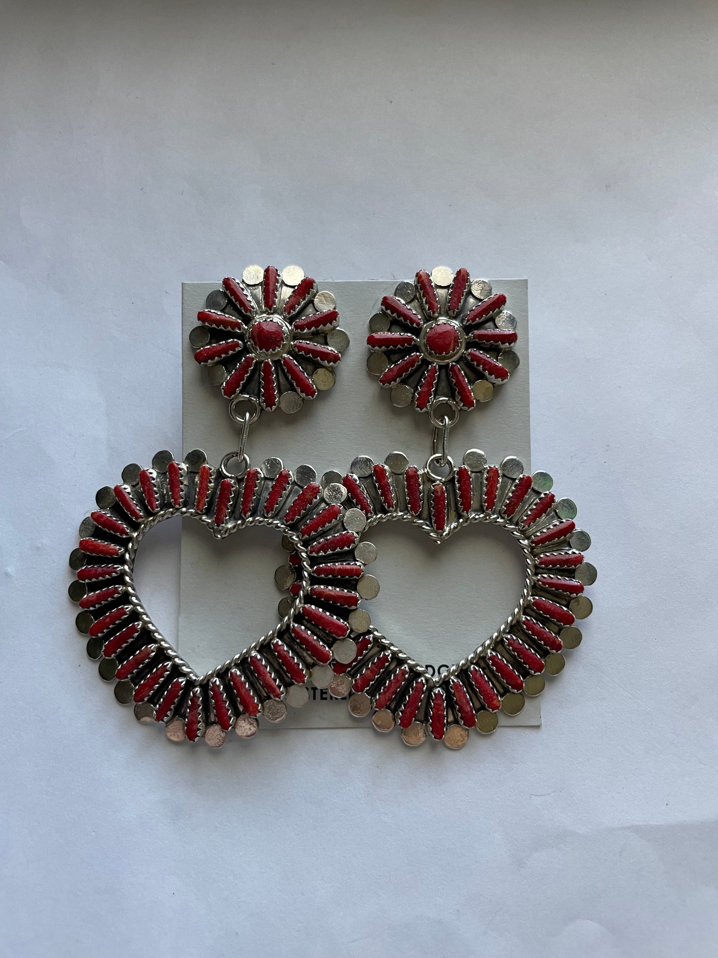 Zuni Sterling Silver Needlepoint Coral Dangle Heart Earrings
