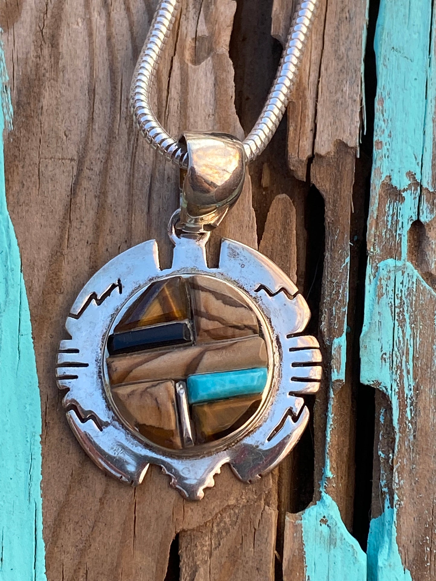 Handcrafted Rolled Inlay Pendant Necklace with Turquoise, Onyx, Coral, Petrified Wood
