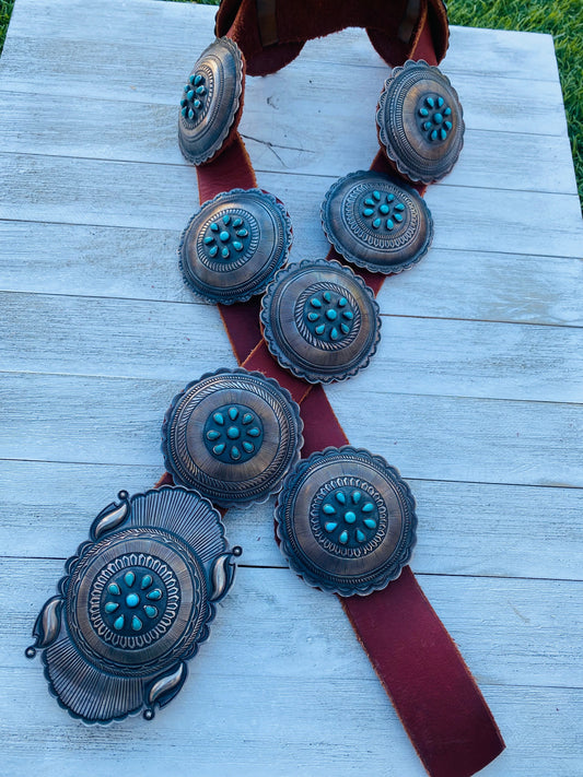 Handcrafted Vintage Brown Leather And Sterling Silver Turquoise Concho Belt