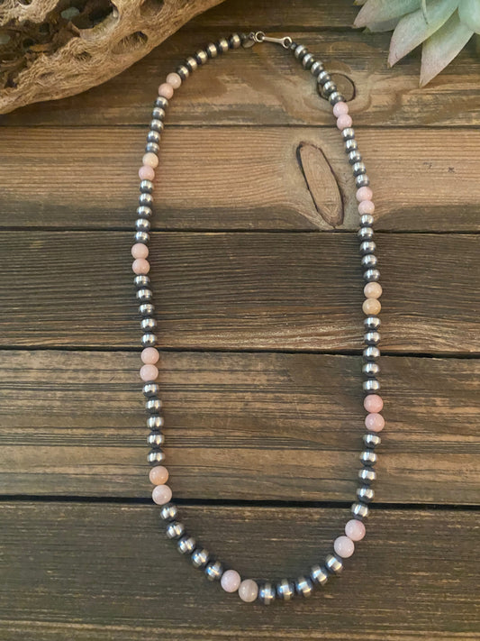 Handcrafted Sterling Silver Pearl & Pink Opal Beaded Necklace 30 inch