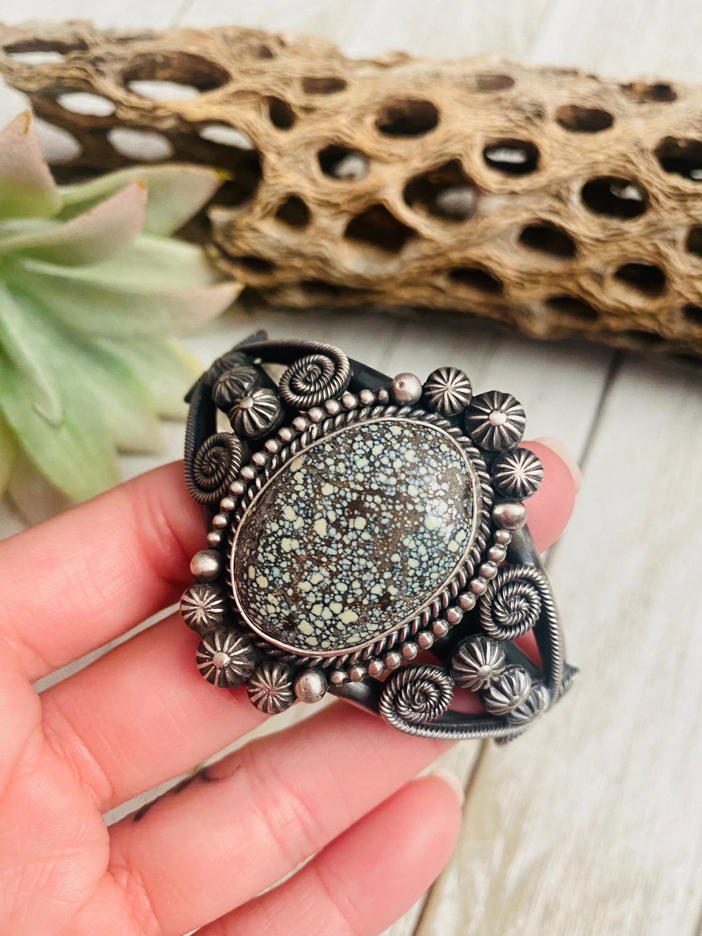 Handcrafted New Lander Turquoise & Sterling Silver Cuff Bracelet Signed